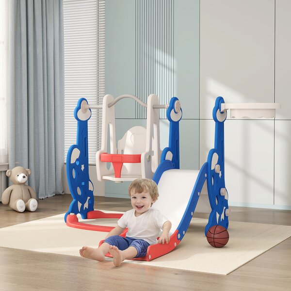 Scivolo per Bambini 4 in 1 con Altalena Scaletta da Arrampicata e Canestro 147,5x160x107 cm in PP e PE Blu scuro