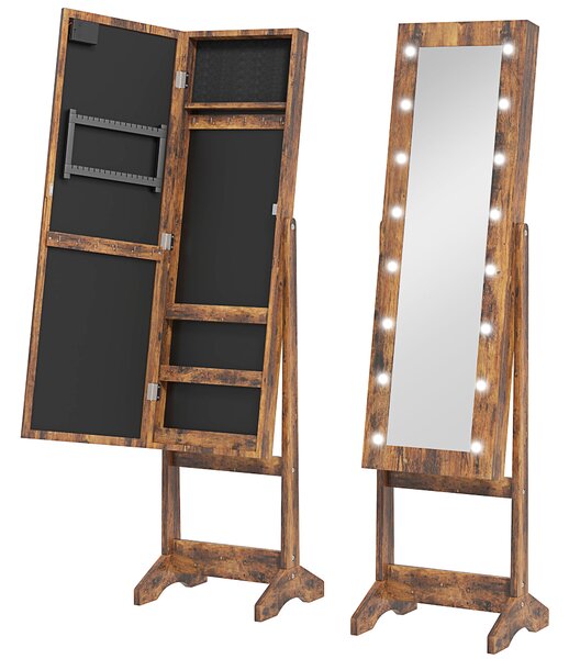 Armadietto Portagioie 36x30x136 cm con Specchio Regolabile e Luci LED in MDF e Vetro Marrone Rustico