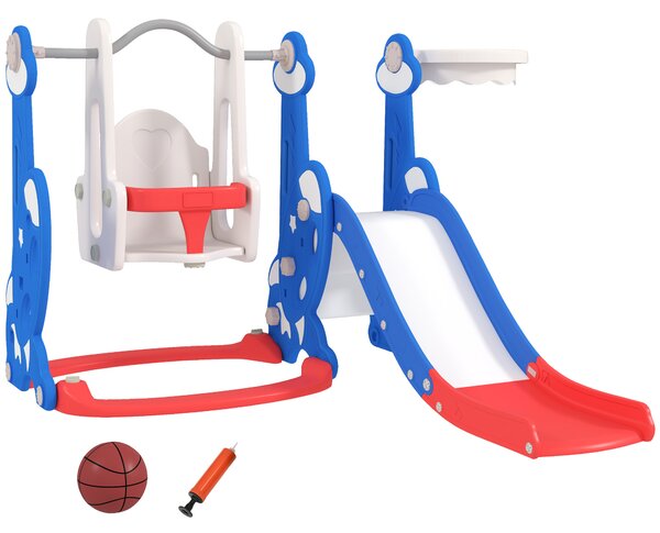 Scivolo per Bambini 4 in 1 con Altalena Scaletta da Arrampicata e Canestro 147,5x160x107 cm in PP e PE Blu scuro