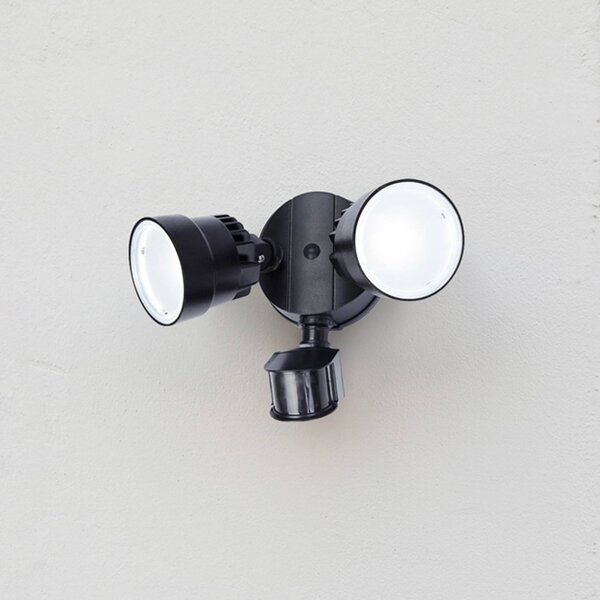LUTEC Faretto da esterno a LED con sensore SHRIMP II nero 12W 2 lampadine IP44, Nero, Plastica, Applique da esterni