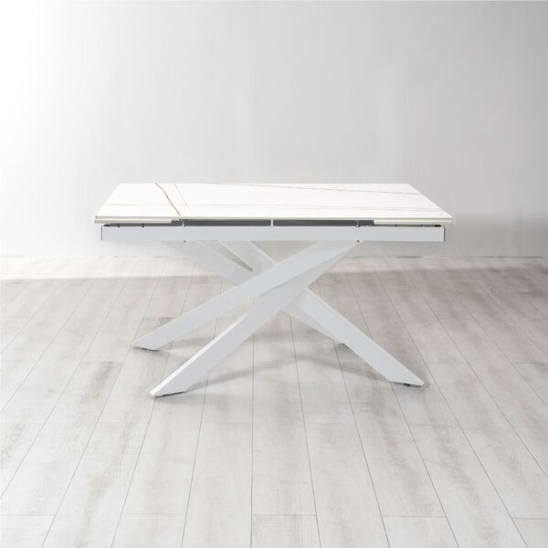Tavolo Allungabile, Top in Ceramica bianco Opaco Gambe in Metallo Bianco, Dimensioni 80x140 Max 200x h76 cm, peso kg 83 Fino a 8 persone colore Marmo bianco