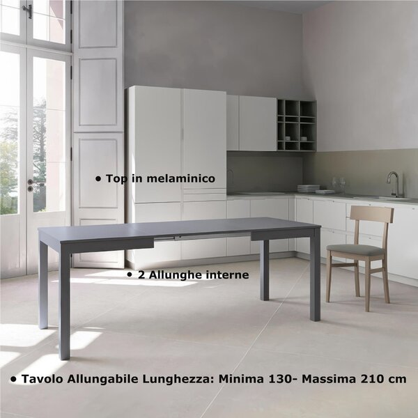 Tavolo Allungabile, Top in melaminico Grigio Scuro Gambe in Legno Massello Dimensioni 80x130 Max 210x h76 cm, peso kg 27 Fino a 8 persone colore Grigio Scuro