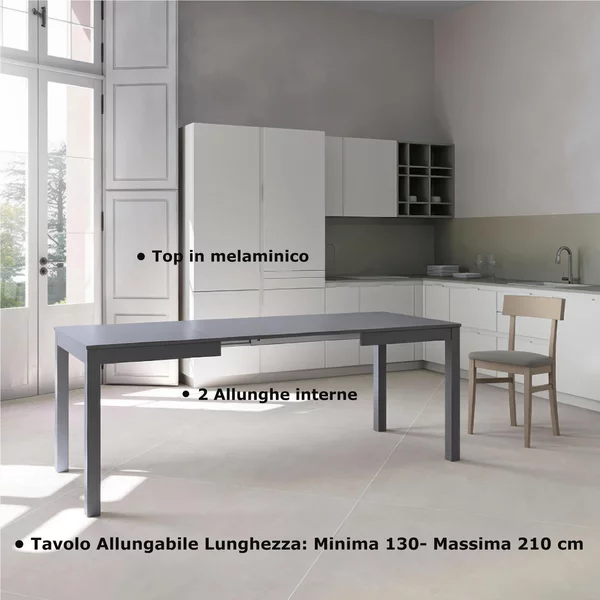 Tavolo Allungabile, Top in melaminico Grigio Scuro Gambe in Legno Massello Dimensioni 80x130 Max 210x h76 cm, peso kg 27 Fino a 8 persone colore Grigio Scuro