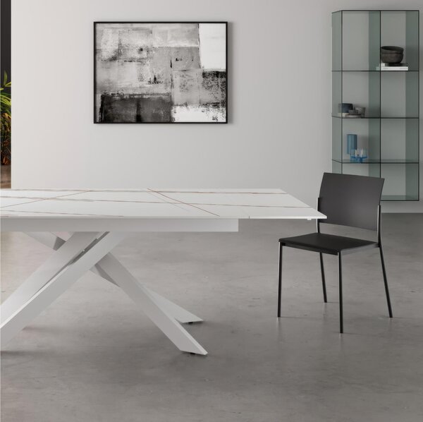 Tavolo Allungabile, Top in Ceramica bianco Opaco Gambe in Metallo Bianco, Dimensioni 80x140 Max 200x h76 cm, peso kg 83 Fino a 8 persone colore Marmo bianco