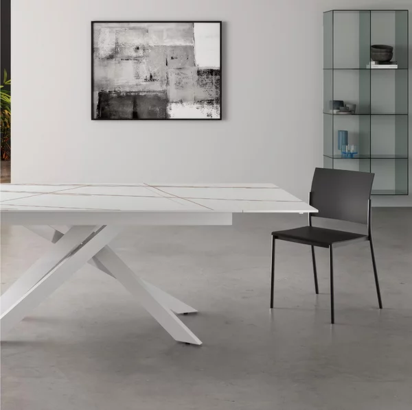 Tavolo Allungabile, Top in Ceramica bianco Opaco Gambe in Metallo Bianco, Dimensioni 80x140 Max 200x h76 cm, peso kg 83 Fino a 8 persone colore Marmo bianco