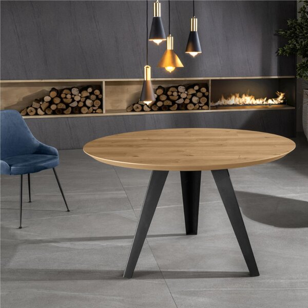 Tavolo Rotondo Top Rovere Impiallaciato crudo Gambe Metallo Diametro130x h76 cm-Peso 48 kg Fino a 6 persone