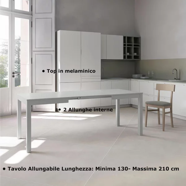 Tavolo Allungabile, Top in melaminico Grigio Chiaro Frassino Gambe in Faggio Massello Dimensioni 80x130 Max 210x h76 cm, peso kg 27 Fino a 8 persone colore Grigio chiaro