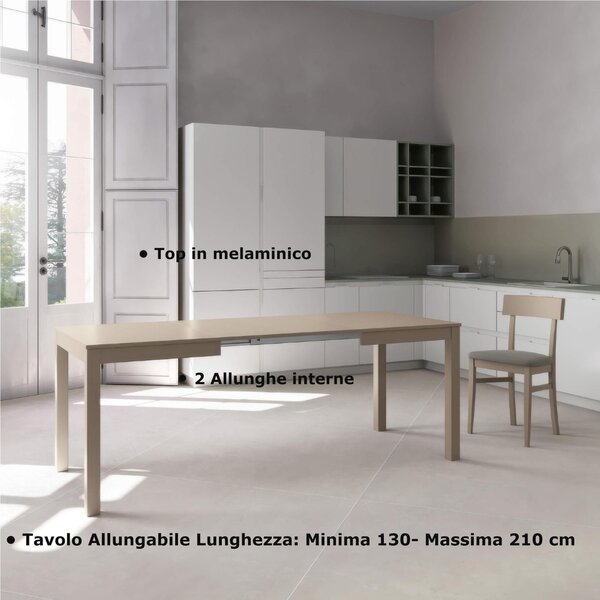 Tavolo Allungabile, Top in melaminico Tortora, Gambe in Legno Massello Dimensioni 80x130 Max 210x h76 cm, peso kg 27 Fino a 8 persone colore Tortora