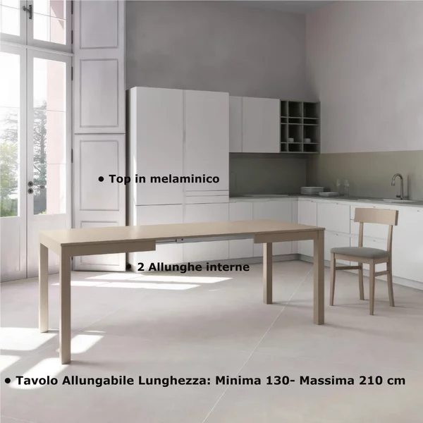Tavolo Allungabile, Top in melaminico Tortora, Gambe in Legno Massello Dimensioni 80x130 Max 210x h76 cm, peso kg 27 Fino a 8 persone colore Tortora