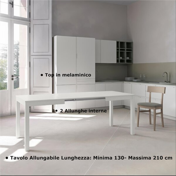 Tavolo Allungabile, Top in melaminico Bianco Frassino Gambe in Metallo nere Dimensioni 80x130 Max 210x h76 cm, peso kg 27 Fino a 8 persone colore bianco