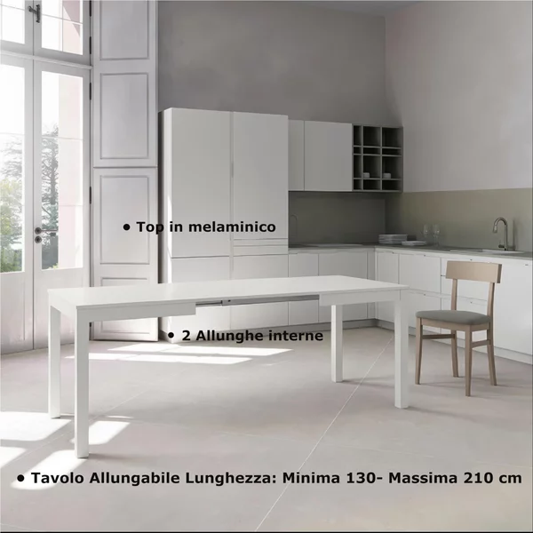Tavolo Allungabile, Top in melaminico Bianco Frassino Gambe in Metallo nere Dimensioni 80x130 Max 210x h76 cm, peso kg 27 Fino a 8 persone colore bianco