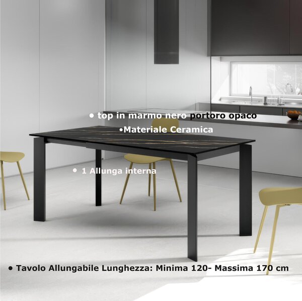 Tavolo Allungabile, Top Ceramica (sinthered stone) Gambe in Metallo FRAME Dimensioni 80x120 Max 170x h76 cm, peso kg 69 Fino a 8 persone colore top in marmo nero portoro opaco