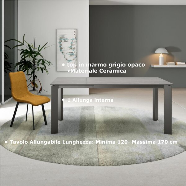Tavolo Allungabile, Top Ceramica (sinthered stone) Gambe in Metallo Dimensioni 80x120 Max 170x h76 cm, peso kg 69 Fino a 8 persone colore top in marmo grigio opaco