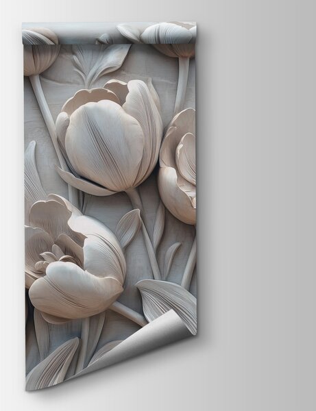 Carta da parati Incisione di fiori bianchi su una parete, Carta da parati 3d fiori, Carta da parati popolare, w01851v1 - Tapeko.it