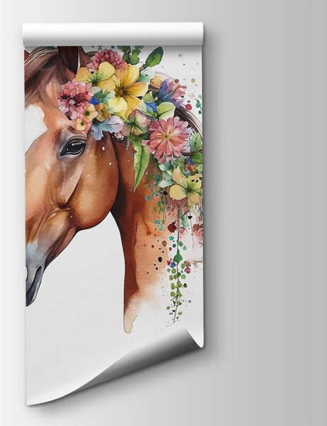 Carta da parati Acquerello di un cavallo con fiori in testa, Carta da parati per Bambini, Carta da parati popolare, u98192 - Tapeko.it