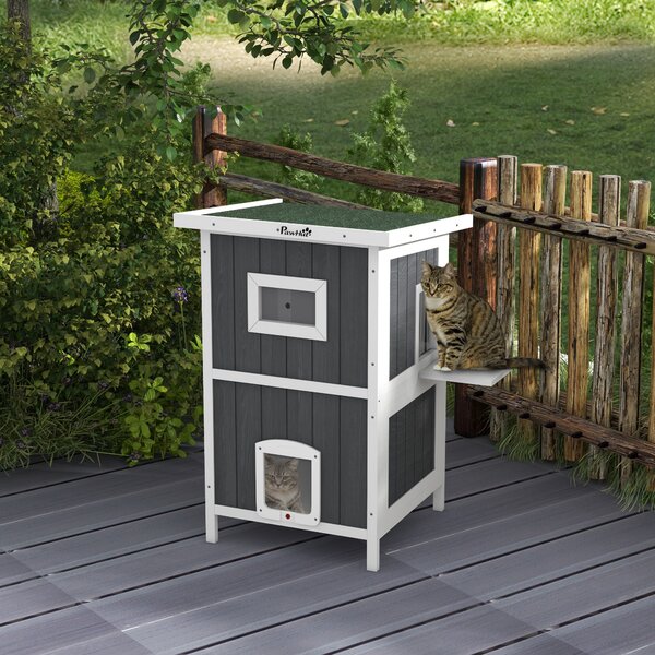 PawHut Cuccia per Gatti da Esterno in Legno a 2 Livelli con Tetto in Asfalto e 4 Porte, 60x60x90.5cm, Grigio|Aosom
