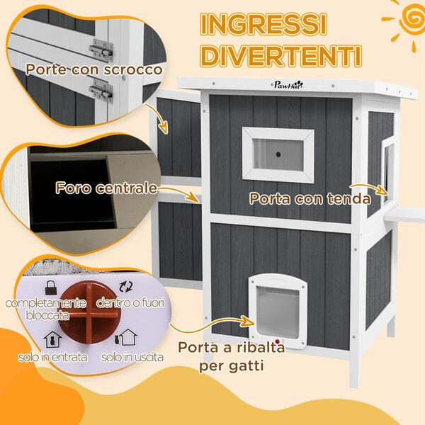 PawHut Cuccia per Gatti da Esterno in Legno a 2 Livelli con Tetto in Asfalto e 4 Porte, 60x60x90.5cm, Grigio|Aosom