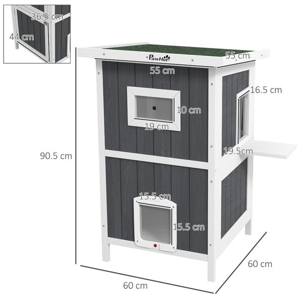 PawHut Cuccia per Gatti da Esterno in Legno a 2 Livelli con Tetto in Asfalto e 4 Porte, 60x60x90.5cm, Grigio|Aosom