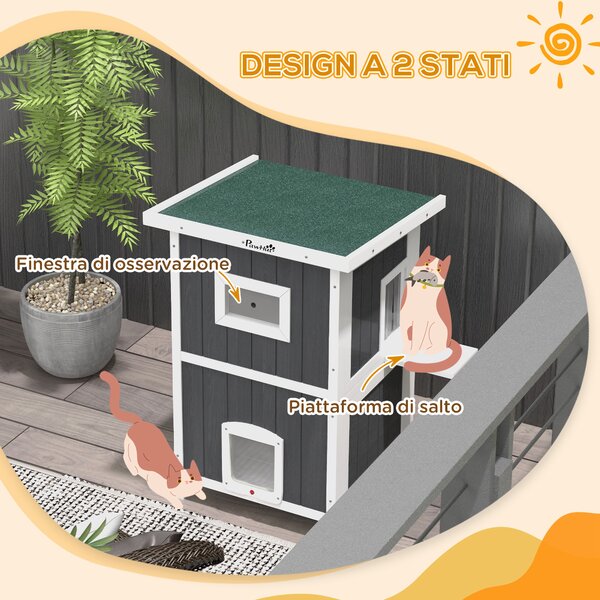 PawHut Cuccia per Gatti da Esterno in Legno a 2 Livelli con Tetto in Asfalto e 4 Porte, 60x60x90.5cm, Grigio|Aosom