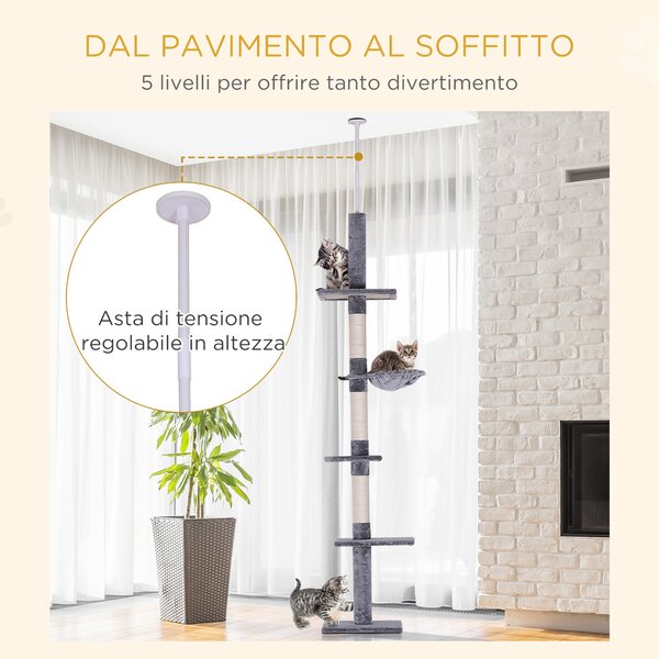 PawHut Albero Tiragraffi a 4 Livelli ad Altezza Regolabile, in Truciolato, Peluche e Sisal, 40x34x230-260 cm, Grigio|Aosom