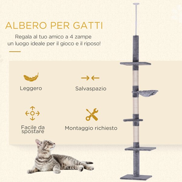 PawHut Albero Tiragraffi a 4 Livelli ad Altezza Regolabile, in Truciolato, Peluche e Sisal, 40x34x230-260 cm, Grigio|Aosom