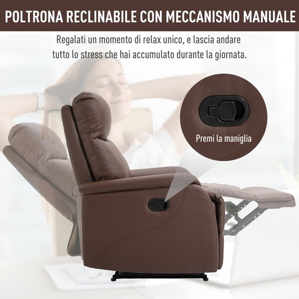HOMCOM Poltrona Manualmente Reclinabile fino a 145° con Poggiapiedi e Maniglia, Imbottitura in gommapiuma densa, in Similpelle, Marrone|Aosom italy