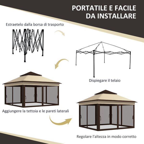 Outsunny Gazebo 3x3 Regolabile su 3 Livelli con Pareti Rimovibili, in Acciaio e tessuto Oxford, color Caffè e Beige