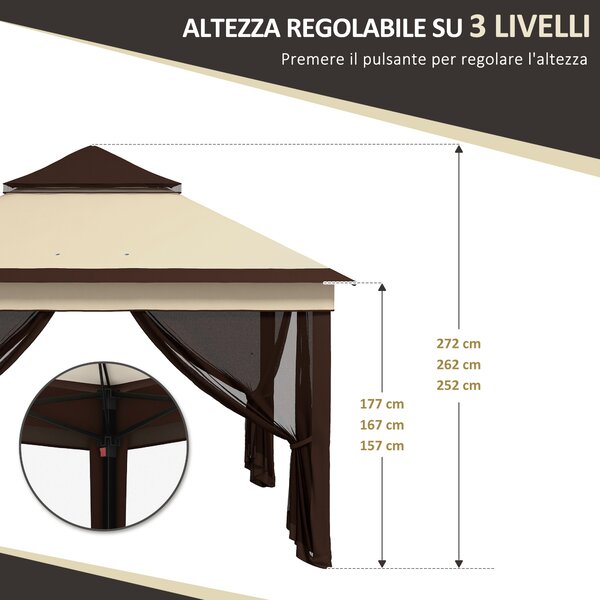Outsunny Gazebo 3x3 Regolabile su 3 Livelli con Pareti Rimovibili, in Acciaio e tessuto Oxford, color Caffè e Beige