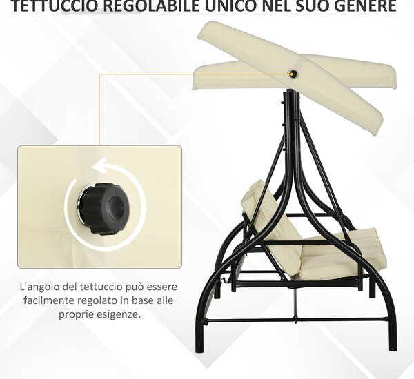 Outsunny Dondolo da Esterno 3 Posti con Tettuccio Regolabile in Teslin Anti-UV,Dondolo da Giardino Robusto in Metallo,Dondolo Letto Beige| Aosom Italy