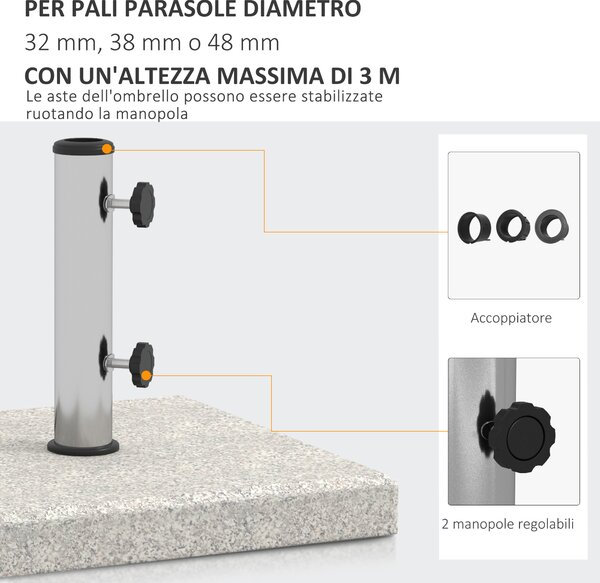 Outsunny Base per Ombrellone da Giardino 25kg per Pali da Ø32mm, Ø38mm e Ø48mm, in Granito e Acciaio Inox, 38x38x38 cm, Grigia|Aosom