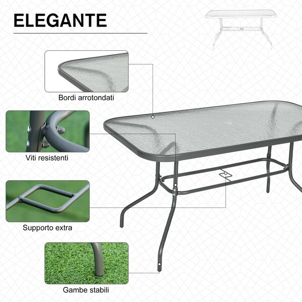 Outsunny Tavolo da Esterno in Metallo e Vetro Temperato con Foro Ombrellone, per Terrazzo/Giardino/Veranda, 140x80x70cm|Aosom