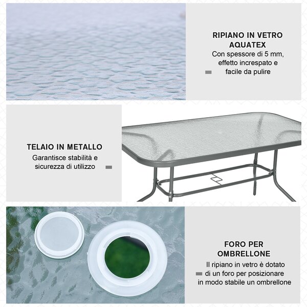 Outsunny Tavolo da Esterno in Metallo e Vetro Temperato con Foro Ombrellone, per Terrazzo/Giardino/Veranda, 140x80x70cm|Aosom