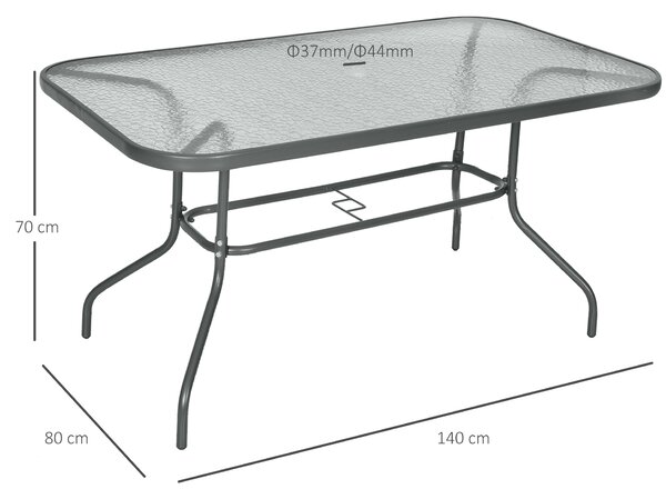 Outsunny Tavolo da Esterno in Metallo e Vetro Temperato con Foro Ombrellone, per Terrazzo/Giardino/Veranda, 140x80x70cm|Aosom