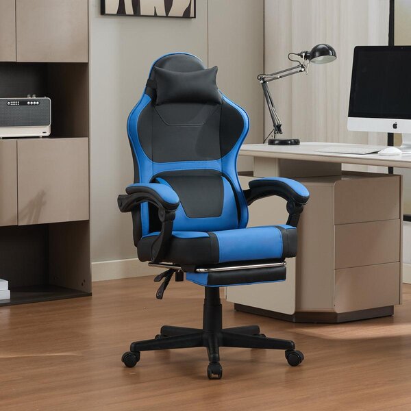 Sedia da gaming in stile kawaii, blu e nera, con poggiapiedi e cuscino lombare, ideale per l'ufficio domestico