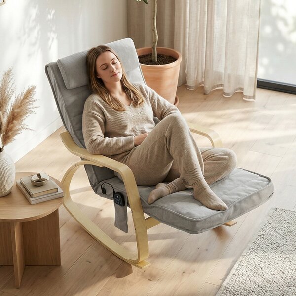 HOMCOM Poltrona a Dondolo con Massaggio e Riscaldamento, Sedia in velluto con Poggiatesta e poggiapiedi, 67x106x92 cm, Grigio Chiaro | Aosom Italy