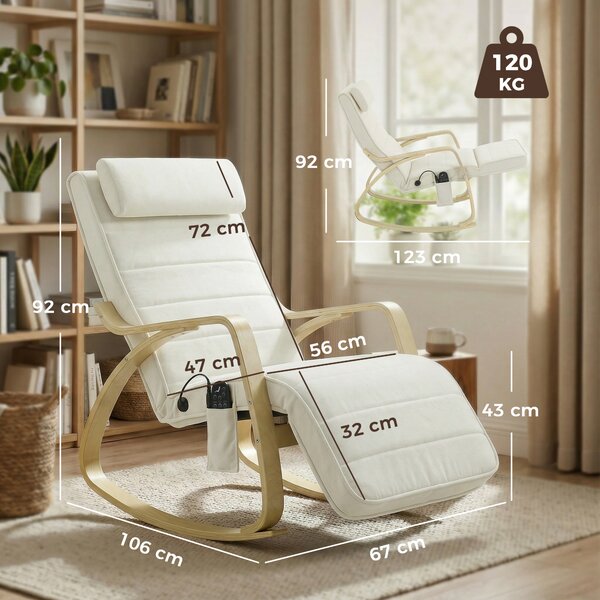 HOMCOM Poltrona a Dondolo con Massaggio e Riscaldamento, poggiatesta e poggiapiedi, Sedia con Rivestimento in Velluto, 67x106x92 cm, Bianco e Crema | Aosom Italy
