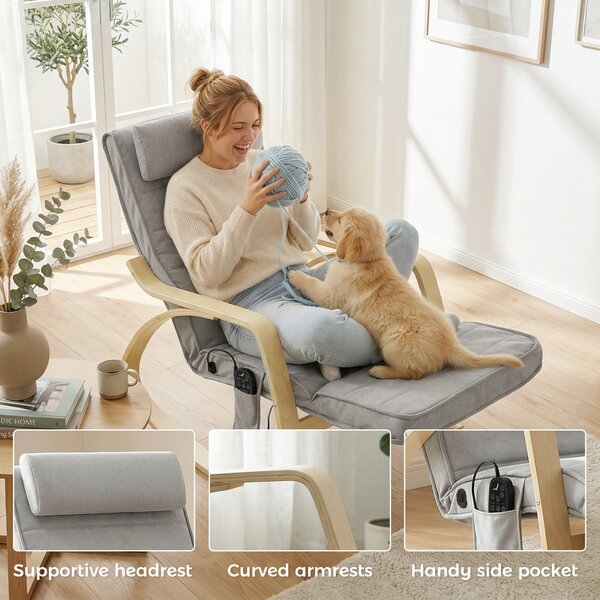 HOMCOM Poltrona a Dondolo con Massaggio e Riscaldamento, Sedia in velluto con Poggiatesta e poggiapiedi, 67x106x92 cm, Grigio Chiaro | Aosom Italy