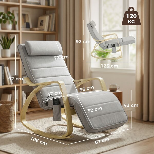 HOMCOM Poltrona a Dondolo con Massaggio e Riscaldamento, Sedia in velluto con Poggiatesta e poggiapiedi, 67x106x92 cm, Grigio Chiaro | Aosom Italy