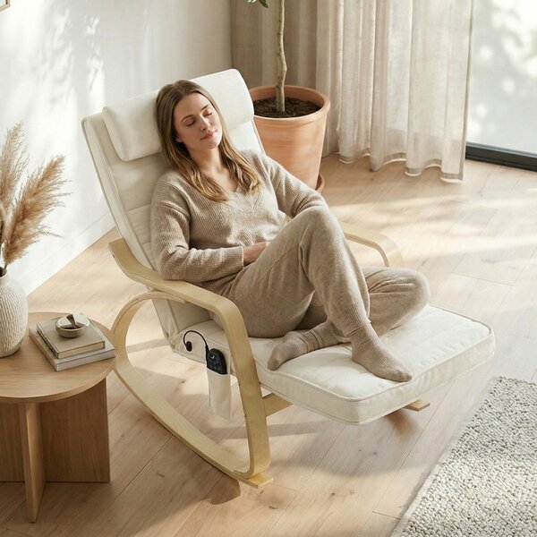 HOMCOM Poltrona a Dondolo con Massaggio e Riscaldamento, poggiatesta e poggiapiedi, Sedia con Rivestimento in Velluto, 67x106x92 cm, Bianco e Crema | Aosom Italy
