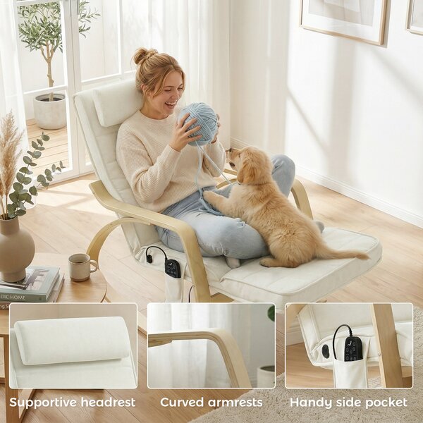 HOMCOM Poltrona a Dondolo con Massaggio e Riscaldamento, poggiatesta e poggiapiedi, Sedia con Rivestimento in Velluto, 67x106x92 cm, Bianco e Crema | Aosom Italy