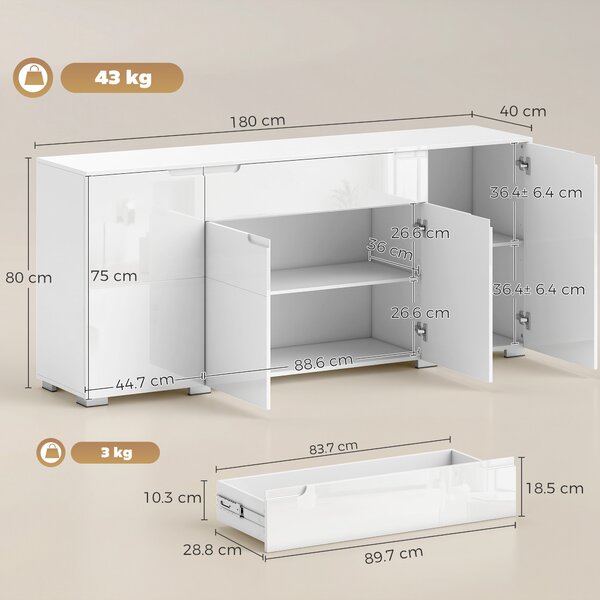 HOMCOM Credenza Moderno con 4 Ante e Ripiani Regolabili, Mobile Cucina con Chiusura Ammortizzata, 180x40x80 cm, Bianco | Aosom Italy