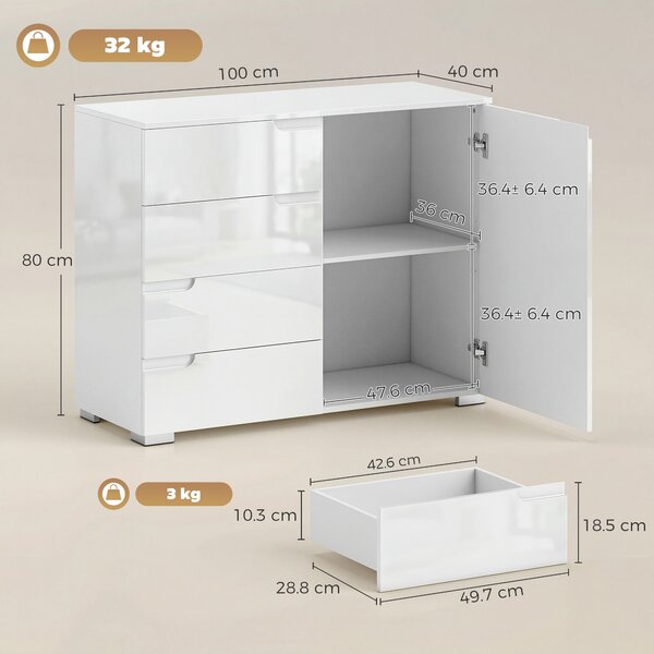 HOMCOM Credenza Moderno con 4 Cassetti, Mobile da Cucina con Chiusura Ammortizzata, 100x40x80 cm, Bianco | Aosom Italy