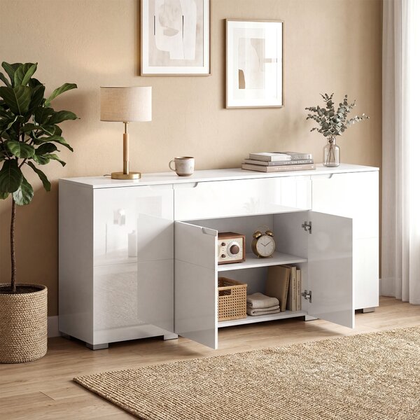 HOMCOM Credenza Moderno con 4 Ante e Ripiani Regolabili, Mobile Cucina con Chiusura Ammortizzata, 180x40x80 cm, Bianco | Aosom Italy