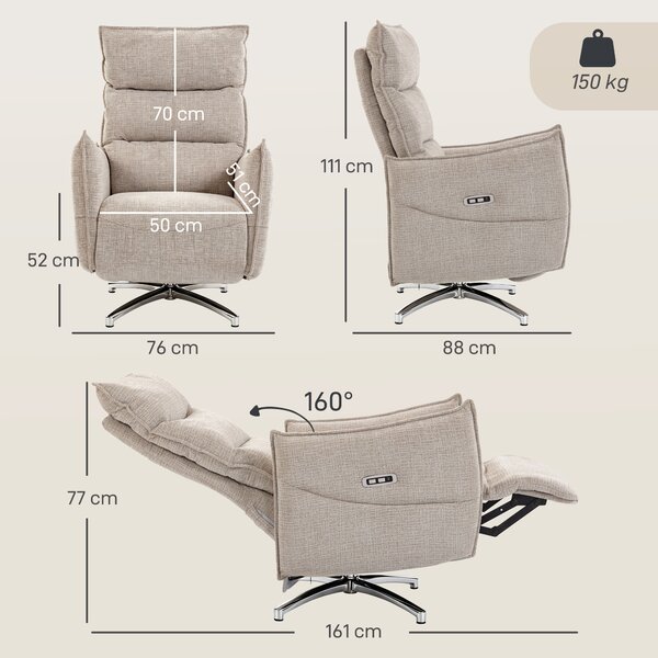 HOMCOM Poltrona relax elettrica girevole con porte di ricarica, Sedia in tessuto effetto lino, 76x88x111 cm, beige | Aosom Italy