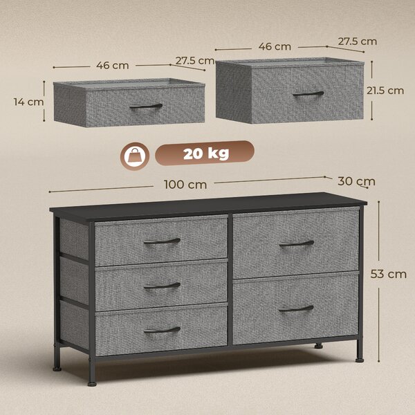 HOMCOM Cassettiera con 5 Cassetti in Tessuto, Telaio in Acciaio per Camera da Letto, Soggiorno e Ufficio, 100x30x53 cm, Grigio Scuro e Nero | Aosom Italy
