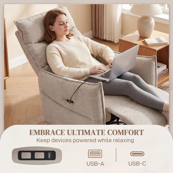 HOMCOM Poltrona relax elettrica girevole con porte di ricarica, Sedia in tessuto effetto lino, 76x88x111 cm, beige | Aosom Italy
