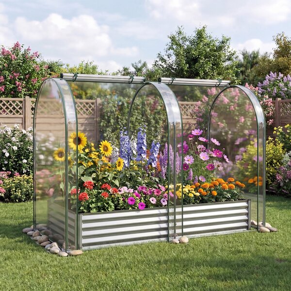 Costway Set di 2 orto rialzato da giardino con serra drenaggio, Fioriera esterno in metallo con copertura protettiva per piante fiori Argento