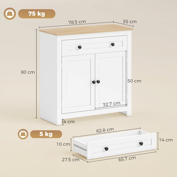 HOMCOM Credenza da Cucina con Cassetto, 2 Anta e Ripiano Regolabile per soggiorno, 78,5x35x80 cm, Bianco | Aosom Italy