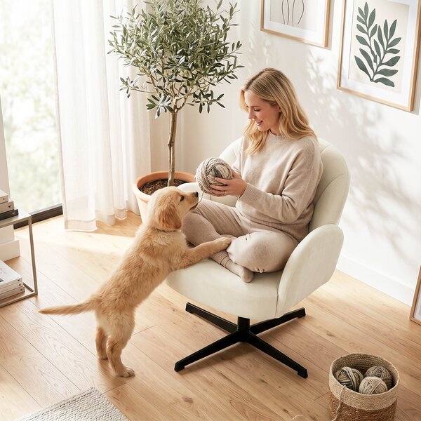 HOMCOM Poltrona da salotto girevole con schienale a forma di conchiglia e cuscino a molle, Sedia in velluto, 64,5x68x80 cm, beige | Aosom Italy