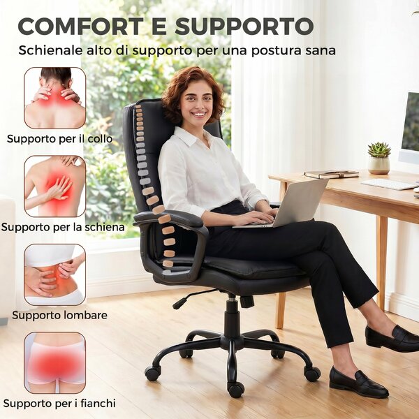 HOMCOM Sedia Ufficio Girevole in Pelle PU, Funzione Dondolo, Schienale Alto, Altezza Regolabile, Capacità 120kg, Nero | Aosom Italy